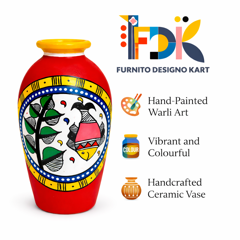 Handpainted Terracotta Vase with Madhubani Design | Red Decorative Flower Vase | Handmade Indian Home Decor