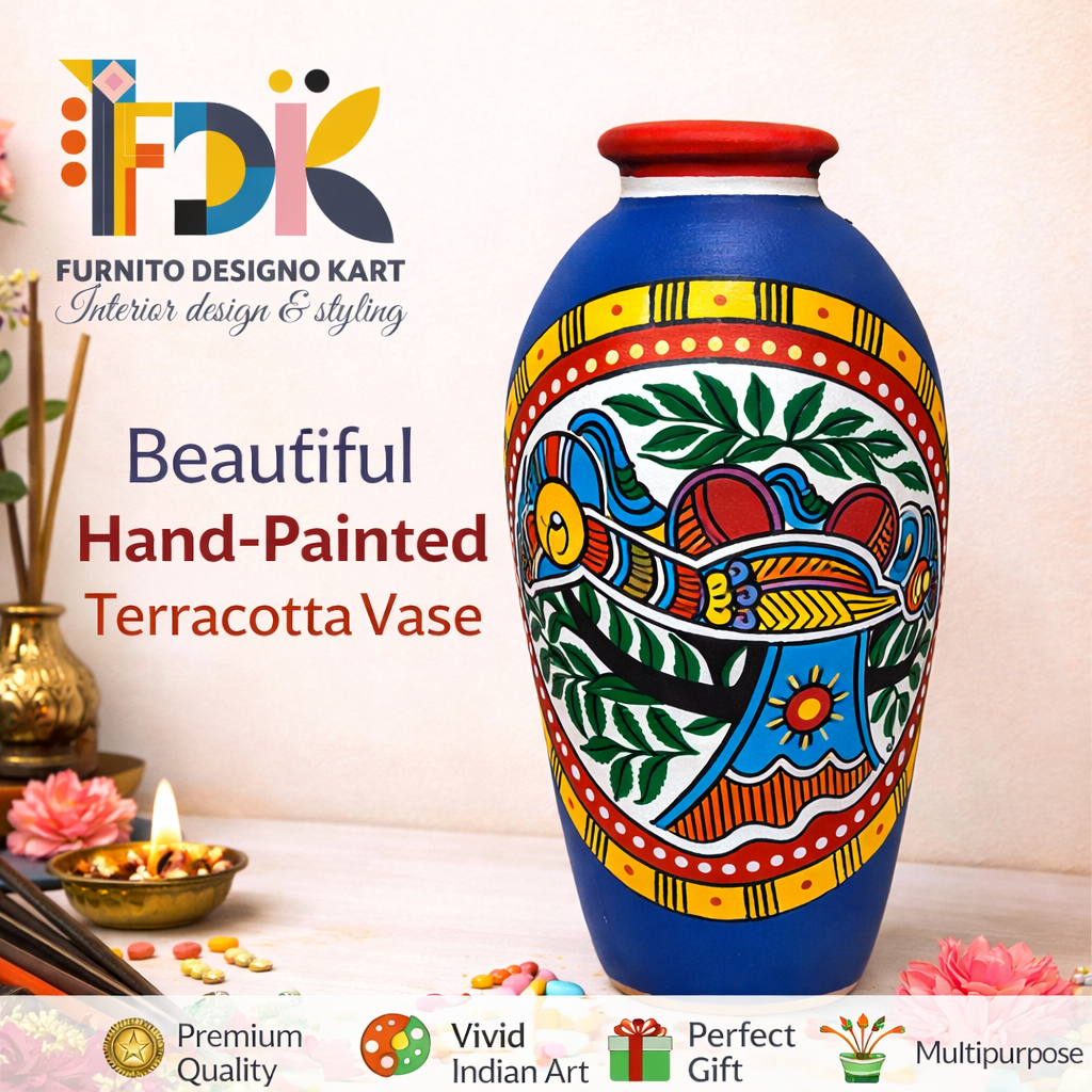 Handpainted Terracotta Vase with Madhubani Design | Blue Decorative Flower Vase | Handmade Indian Home Decor