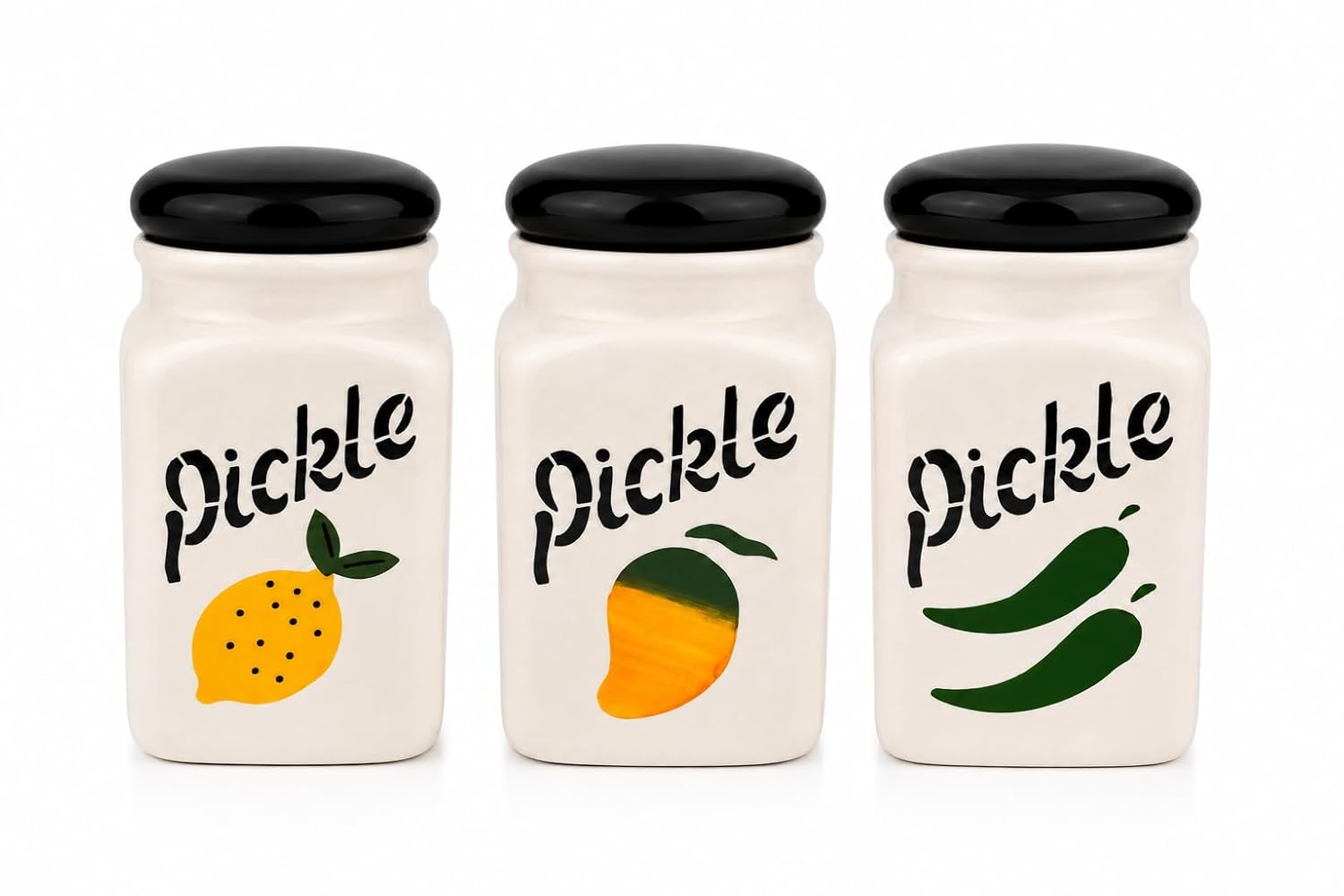 Ceramic Pickle Jar with Lid, 350 ML Decorative Achar Storage Container, Chutney, Spices & Kitchen Essentials Ceramic Kitchen Canister | 7 x 7 x 14 cm (3, Combo Pickle Jar)