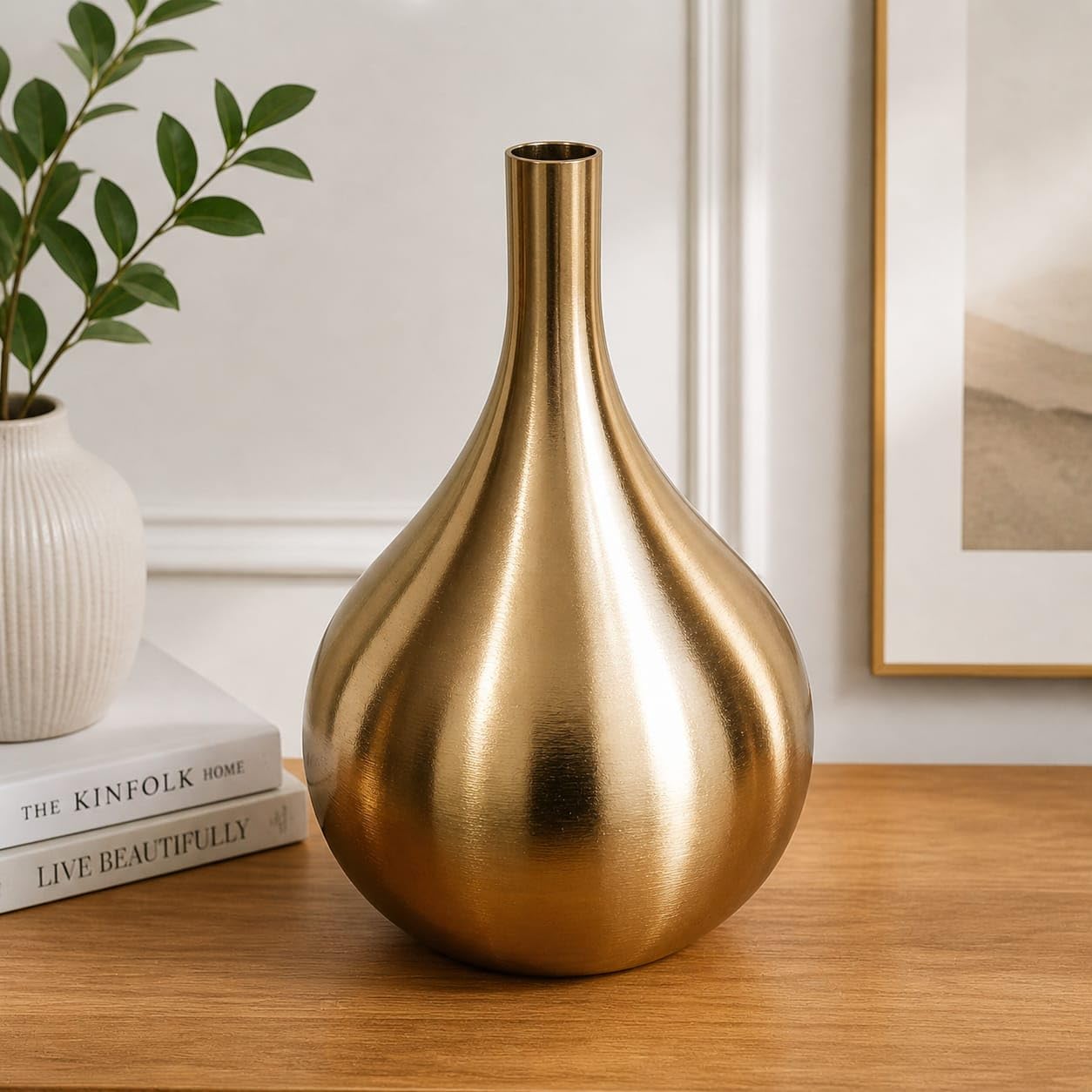 Gold Metal Flower Vase 8inch for Home Decor | Brushed Brass Finish Gun Metal Decorative Table Vase for Living Room Bedroom Office | Centerpiece Showpiece Gift Item (Design:1)