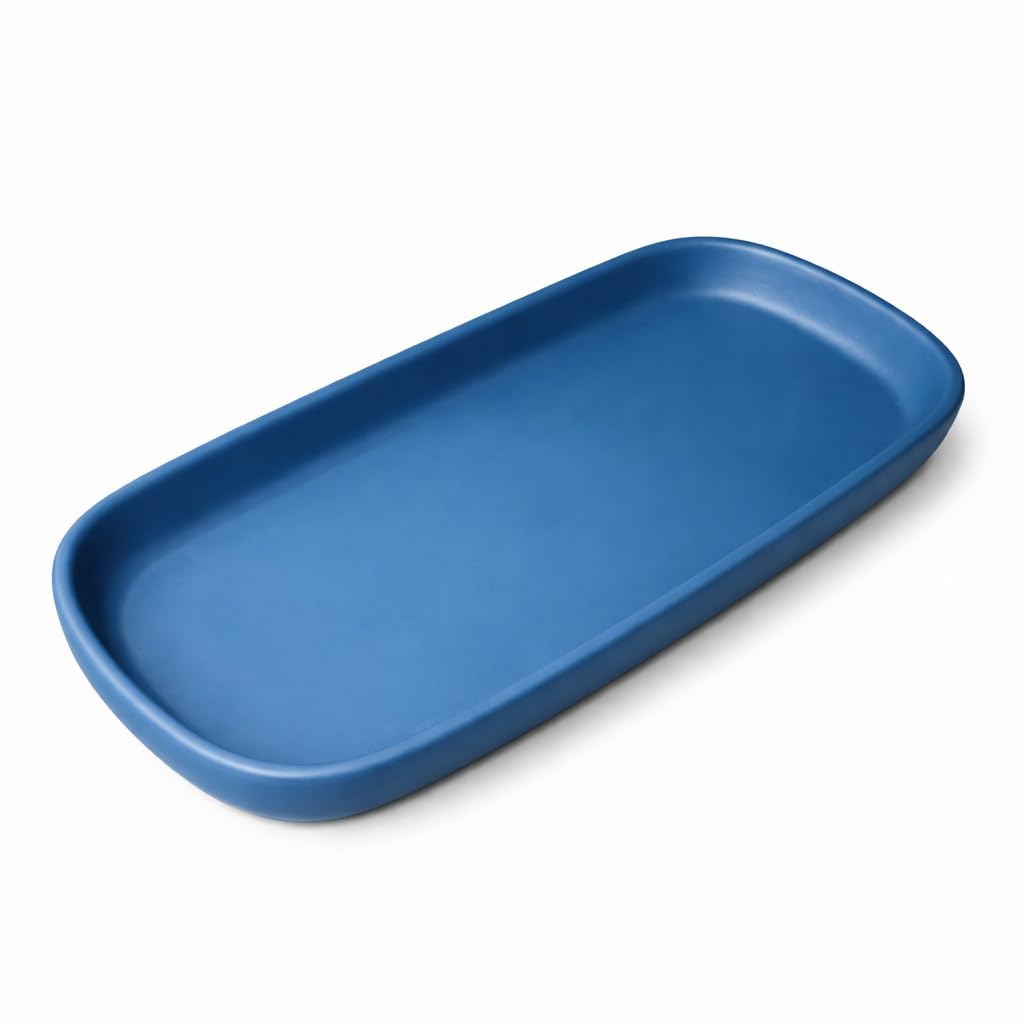 Modern Ceramic Serving Tray Matte Finish | Silicon Blue Decorative Tray for Gift Hampers Bathroom Vanity Kitchen Organizer | Oval Trinket Tray Rectangular Curved Edges