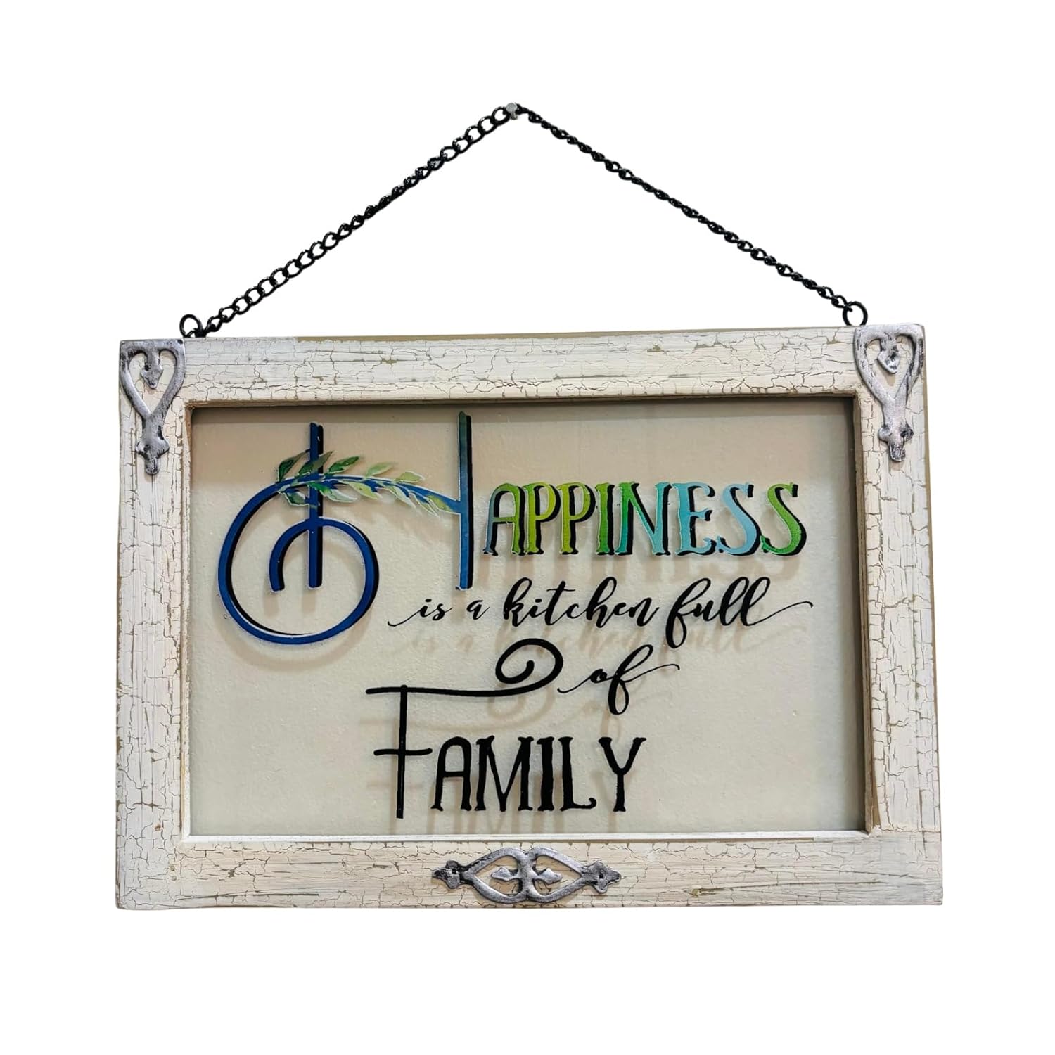 Rustic Farmhouse Kitchen Wall Decor, Distressed White Wood Frame, Glass Panel Sign with Family Quote, Decorative Metal Chain Hanger