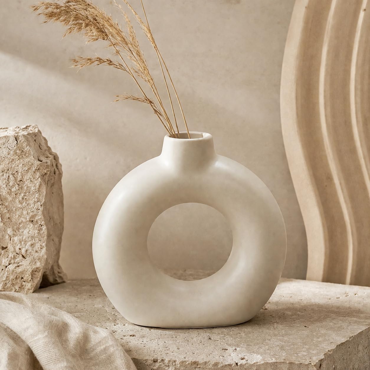 White Ceramic Donut Design Flower Vase for Living Room Table Shelf Office Home Decor | 6 inch Height Compact Decorative| Smooth Finish Made in India | Perfect Housewarming Gift