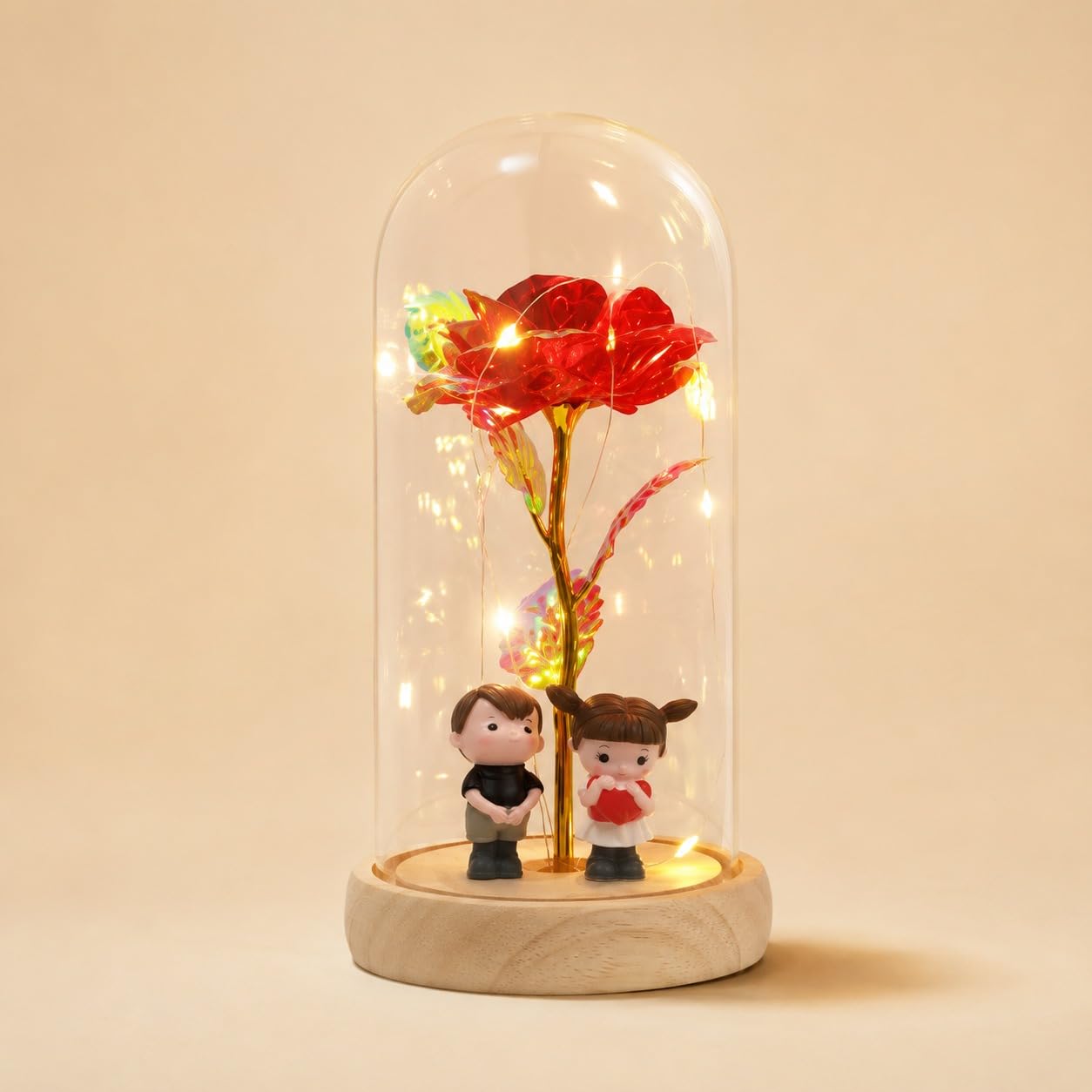 Romantic Couple Dome Showpiece with LED Fairy Lights | Glass Cover & Wooden Base Love Rose Figurine | Anniversary, Birthday Gift for Wife, Husband, Girlfriend & Boyfriend