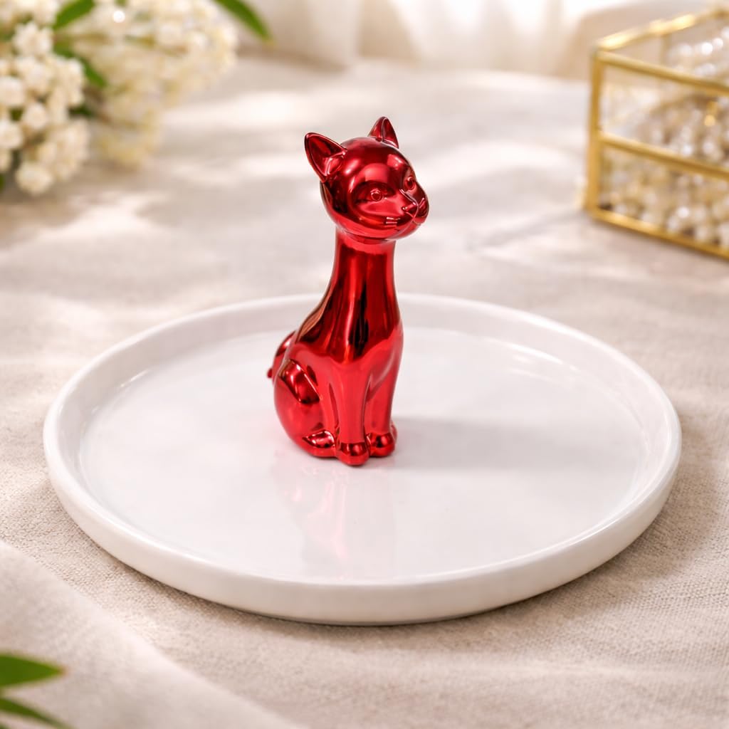 Red Cat Ceramic Trinket Tray, Round Jewelry Holder Dish, Glossy Finish, Ring and Earring Organiser (Red Cat Trinket Dish