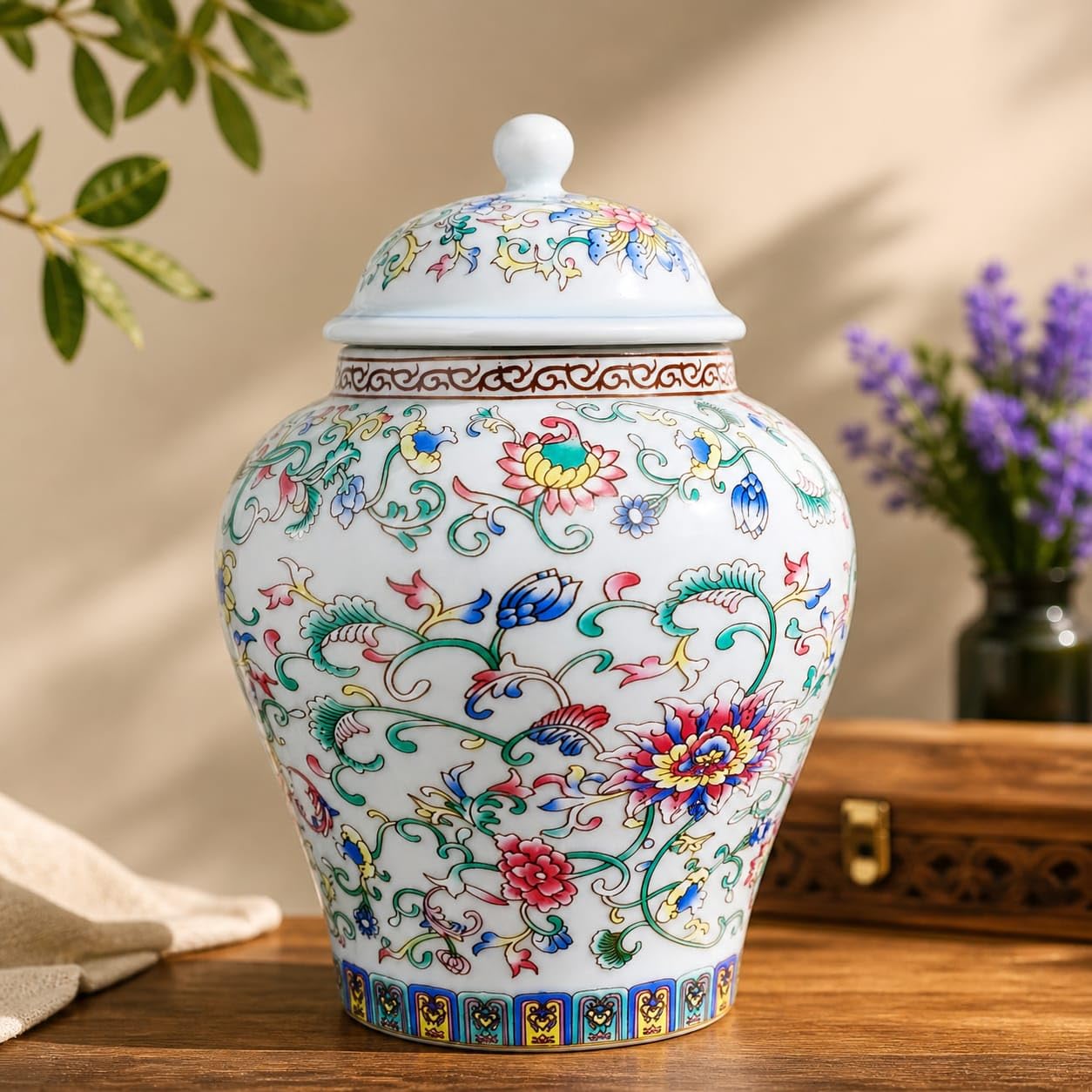 Decorative Ceramic Jar with Lid 16cm 500ml| Floral Multipurpose Storage Container Vase for Home Decor | Chinoiserie Style Jar for Living Room Kitchen Tabletop Gift Item
