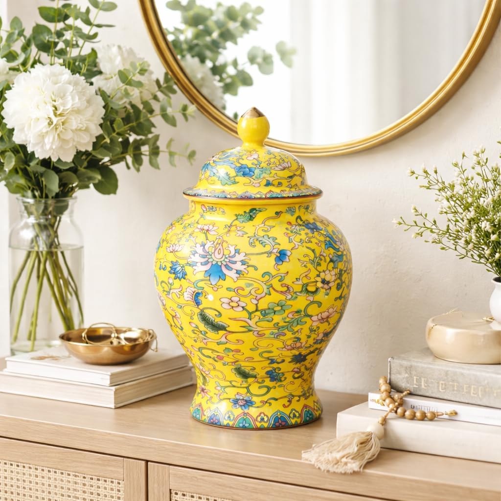 Decorative Ceramic Temple Jar with Lid Yellow Floral Chinoiserie Vase for Living Room Home Decor Storage Jar Luxury Table Centerpiece Gift Item