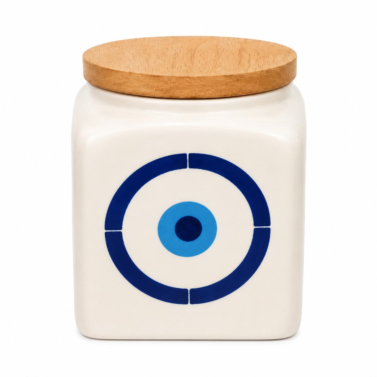 Evil Eye Ceramic Storage Jar with Wooden Lid | Decorative Kitchen Container for Tea, Coffee, Sugar, Snacks & Dry Fruits | 9 x 9 x 13 cm | 500Ml