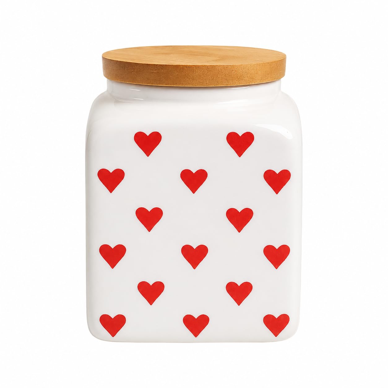 Red Hearts Ceramic Storage Jar with Wooden Lid | Decorative Kitchen Container for Tea, Coffee, Sugar, Snacks & Dry Fruits | 9 x 9 x 13 cm | 500Ml