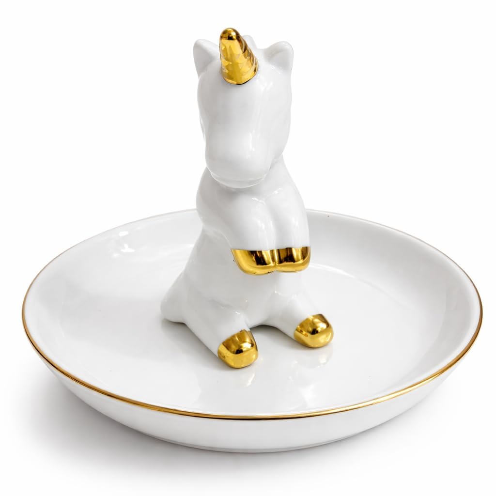 Unicorn Ceramic Trinket Tray 14cm dia, Round Jewelry Holder Dish, Glossy Finish, Ring and Earring Organiser (White & Golden Unicorn Trinket)